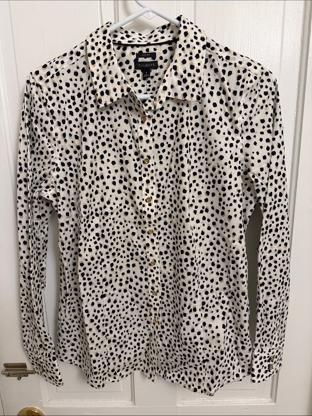 NWT Talbots White Shirt with Black and Gold Animal Print Button-Down